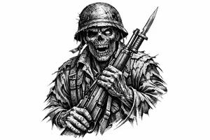 Zombie soldier in tattered uniform, clutching a rifle, bayonet fixed. tattoo idea