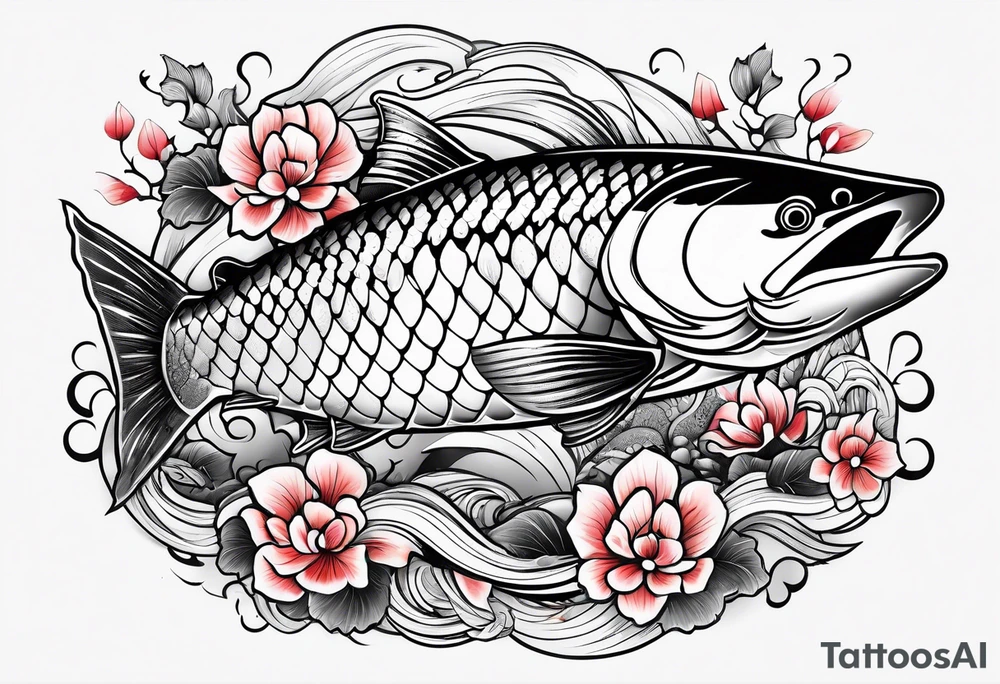 a majestic salmon surrounded by japanese elements tattoo idea