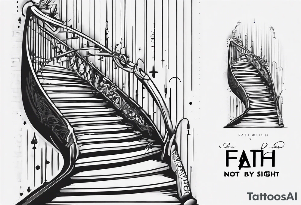 “walk by faith, not by sight” stairwell wrapping around the quote. This design captures the essence of the journey guided by faith. tattoo idea