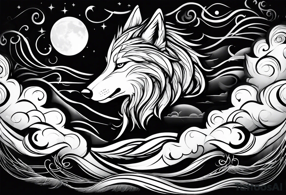 Wolf moon clouds dreads tattoo idea