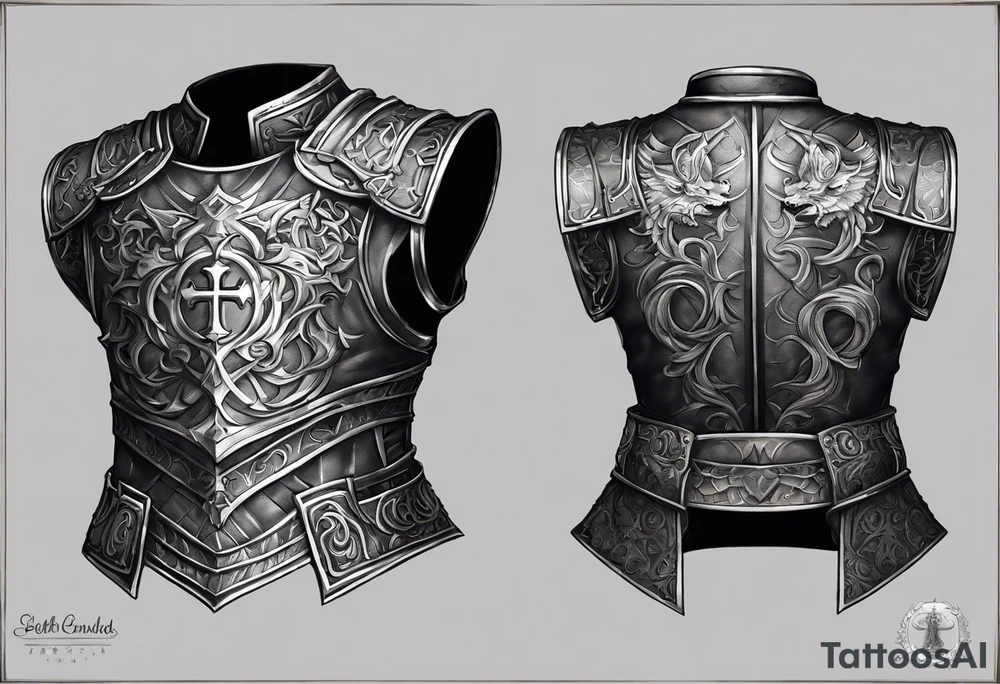 Upper arm, pectoral and back armor, demons crawling up bottom of the chest me back plates with heaven and cross on top of the armor plates, chainmail underneath arm plates tattoo idea