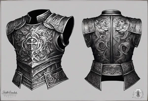 Upper arm, pectoral and back armor, demons crawling up bottom of the chest me back plates with heaven and cross on top of the armor plates, chainmail underneath arm plates tattoo idea