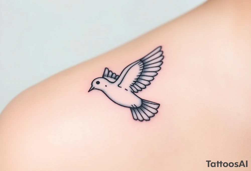 A realistic collared dove in flight, wings spread wide with soft gray and white feathers, symbolizing peace and freedom tattoo idea