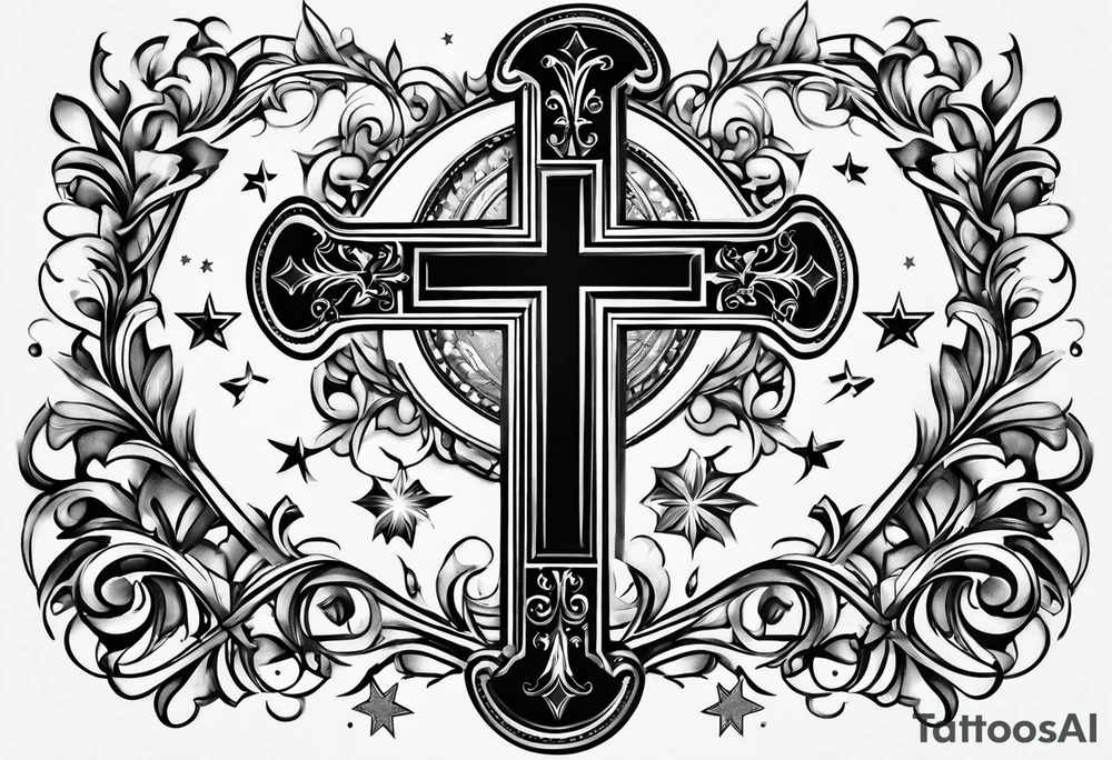 A cross under that is a scroll with my family’s names on it and put some stars around it tattoo idea