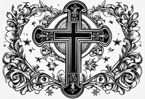A cross under that is a scroll with my family’s names on it and put some stars around it tattoo idea