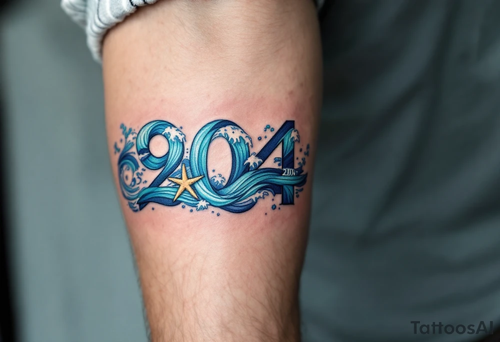 Roman 08. 05. 2021) – Deep blue ocean waves wrapping around Roman's birthdate, with seafoam white accents and a starfish design near the numbers. tattoo idea