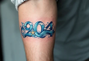 Roman 08. 05. 2021) – Deep blue ocean waves wrapping around Roman's birthdate, with seafoam white accents and a starfish design near the numbers. tattoo idea