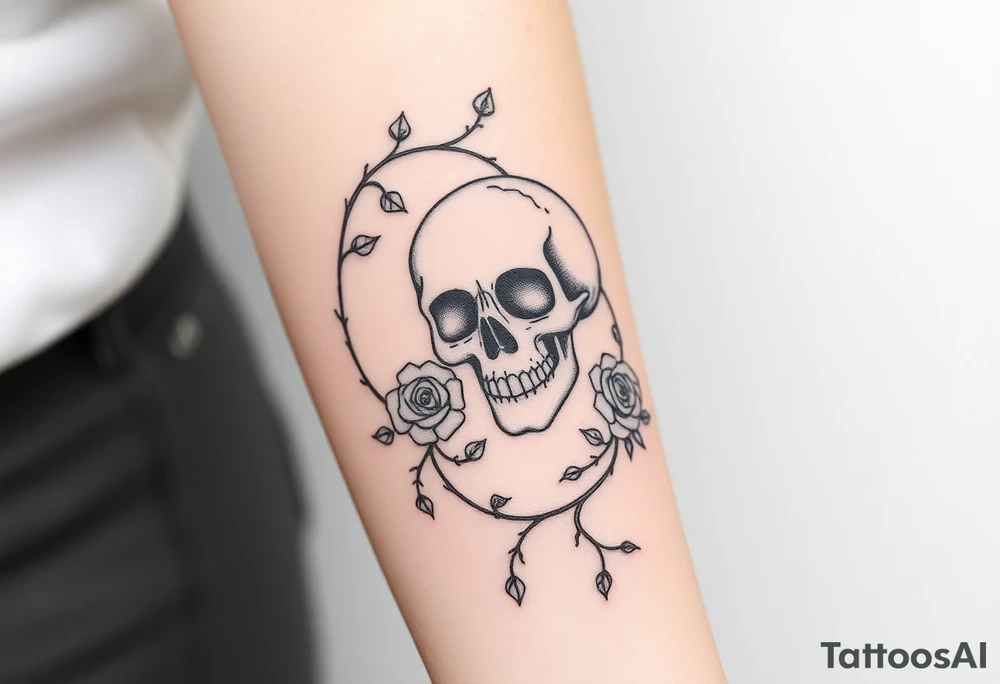 gothic skull intertwined with climbing roses and thorny vines tattoo idea