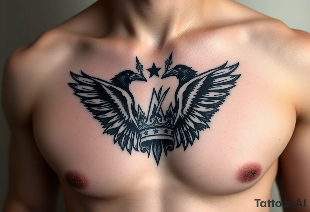 Chest tattoo, two laurier and icelandic symbols, dark brest tattoo, crown betwen ravens tattoo idea