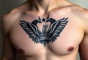 Chest tattoo, two laurier and icelandic symbols, dark brest tattoo, crown betwen ravens tattoo idea