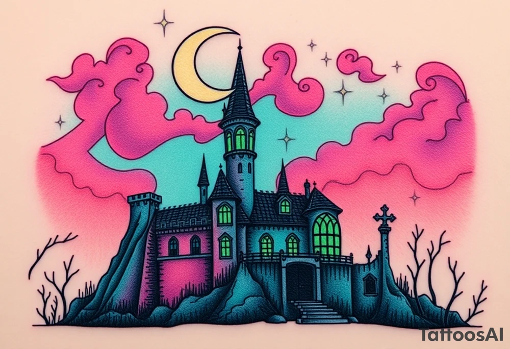 Tim Burton’s disney sleeping beauty’s haunted castle is abandoned and dripping with muted reds, dusty pinks, and eerie green glow.purple and cyan smokey clouds swirl in the crescent moonlit sky thats sprinkled with stars tattoo idea tattoo idea