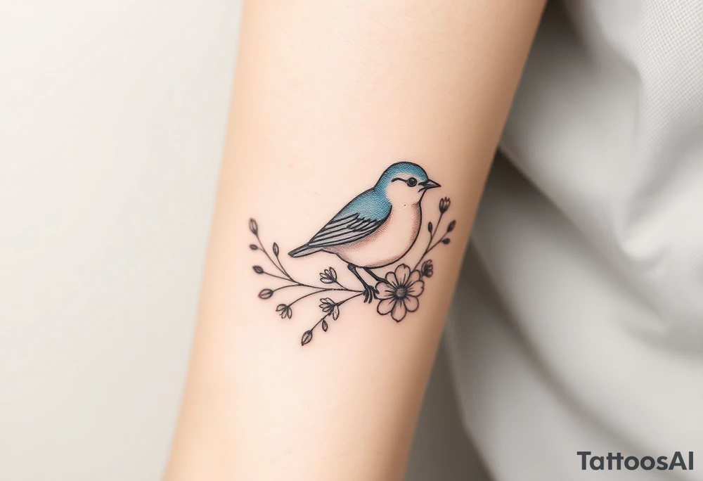 Puffy bluebird surrounded by wild flowers tattoo idea