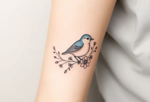 Puffy bluebird surrounded by wild flowers tattoo idea