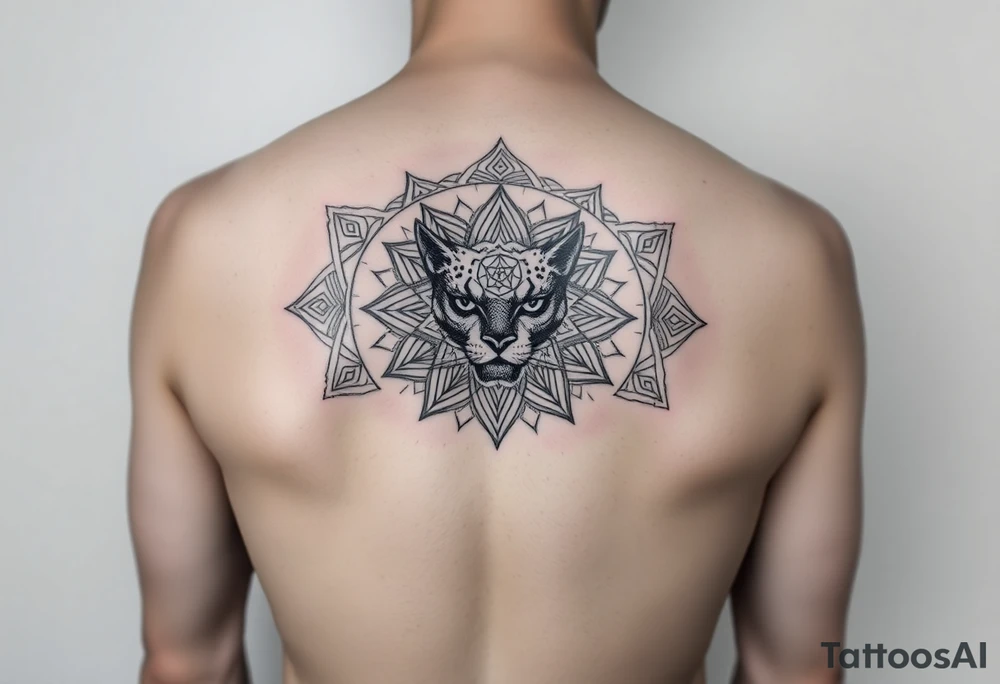 intricate mandala with a sacred panther with geometry and cosmic tattoo idea