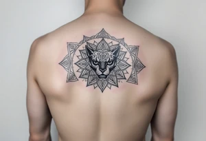 intricate mandala with a sacred panther with geometry and cosmic tattoo idea