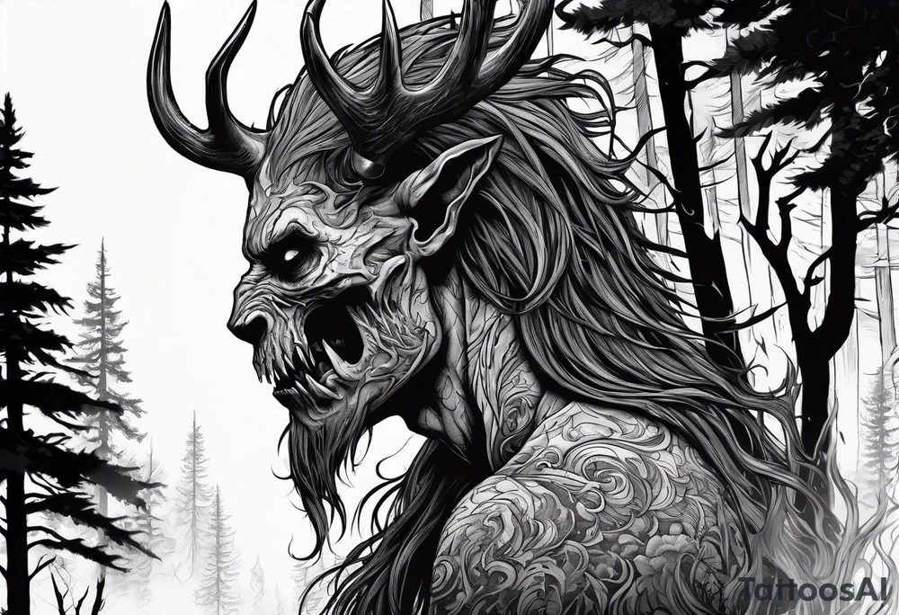 A scary terrifying horrifying zombie lore accurate wendigo side profile surrounded by a forest fire in background tattoo idea