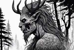 A scary terrifying horrifying zombie lore accurate wendigo side profile surrounded by a forest fire in background tattoo idea