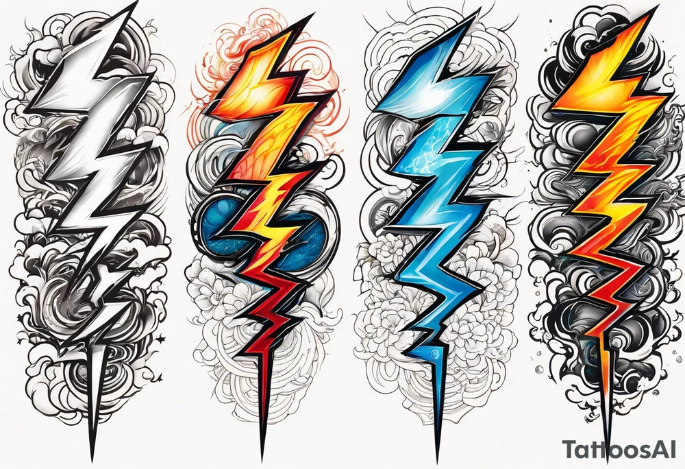 five lightning strikes in a row. The first and fourth are coloured and the rest not tattoo idea