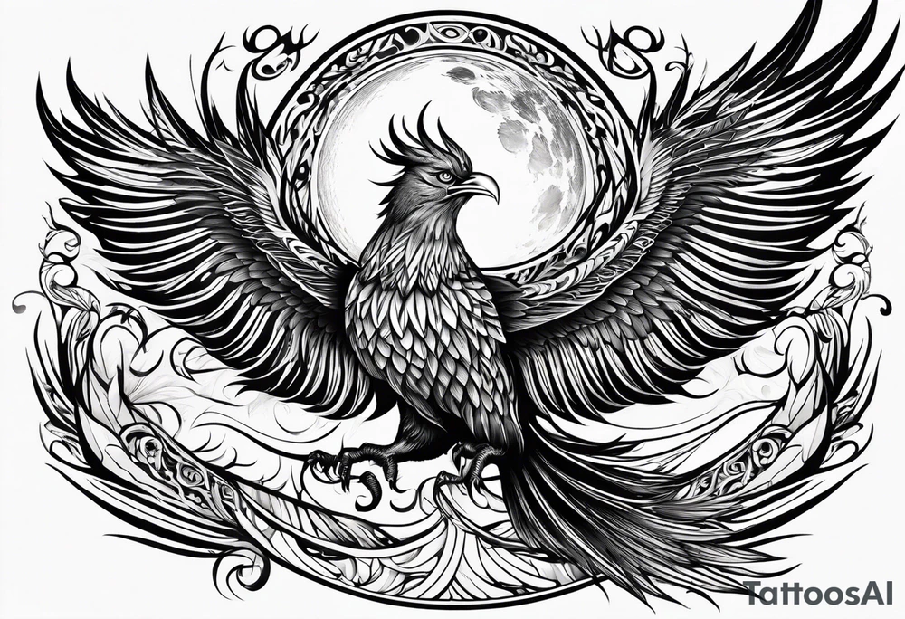 phoenix survolant un voilier. lune. tattoo idea