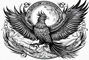 phoenix survolant un voilier. lune. tattoo idea