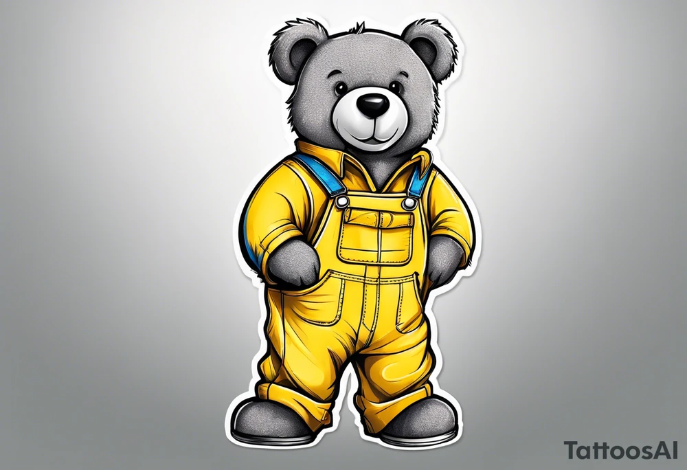 the back of a grey teddy bear standing in yellow overalls, no shirt and striped boots tattoo idea