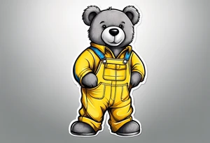 the back of a grey teddy bear standing in yellow overalls, no shirt and striped boots tattoo idea