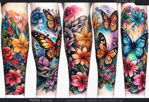 Arm sleeve with cross outlined by rainbow flowers and butterflies tattoo idea
