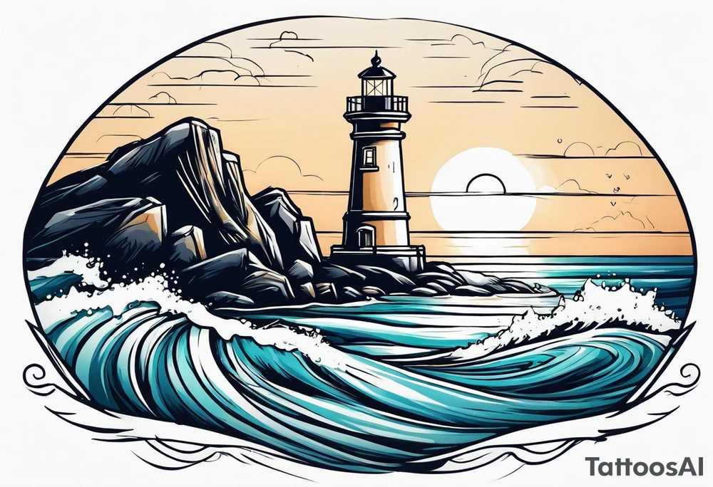 farol no oceano em mar agitado emoldurado tattoo idea