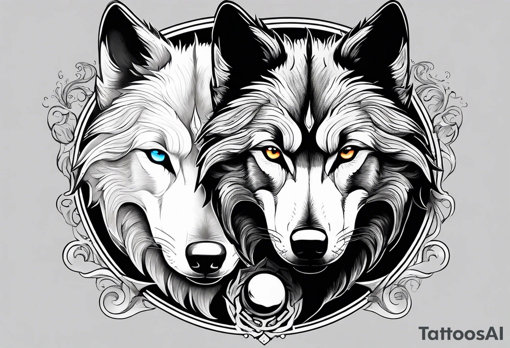 black wolf and white wolf in a ying yang style tattoo idea