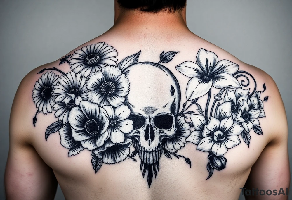 Dark gothic florals with daisies, poppies,  white narcissus, sweet peas and gladiolus with a skull tattoo idea
