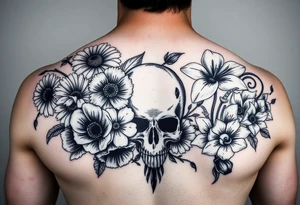 Dark gothic florals with daisies, poppies,  white narcissus, sweet peas and gladiolus with a skull tattoo idea