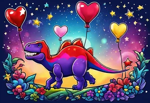 blue, red, pink, yellow, purple ballon on a starry sky lifting  heart a star and a plush dinosour tattoo idea