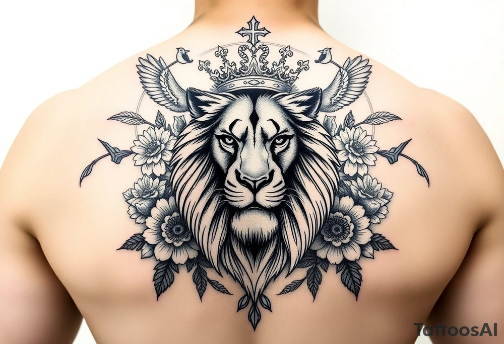 powerful majestic lion with a crown, surrounded by floral ornaments and birds tattoo idea