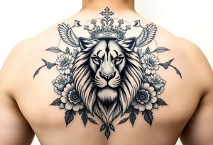 powerful majestic lion with a crown, surrounded by floral ornaments and birds tattoo idea