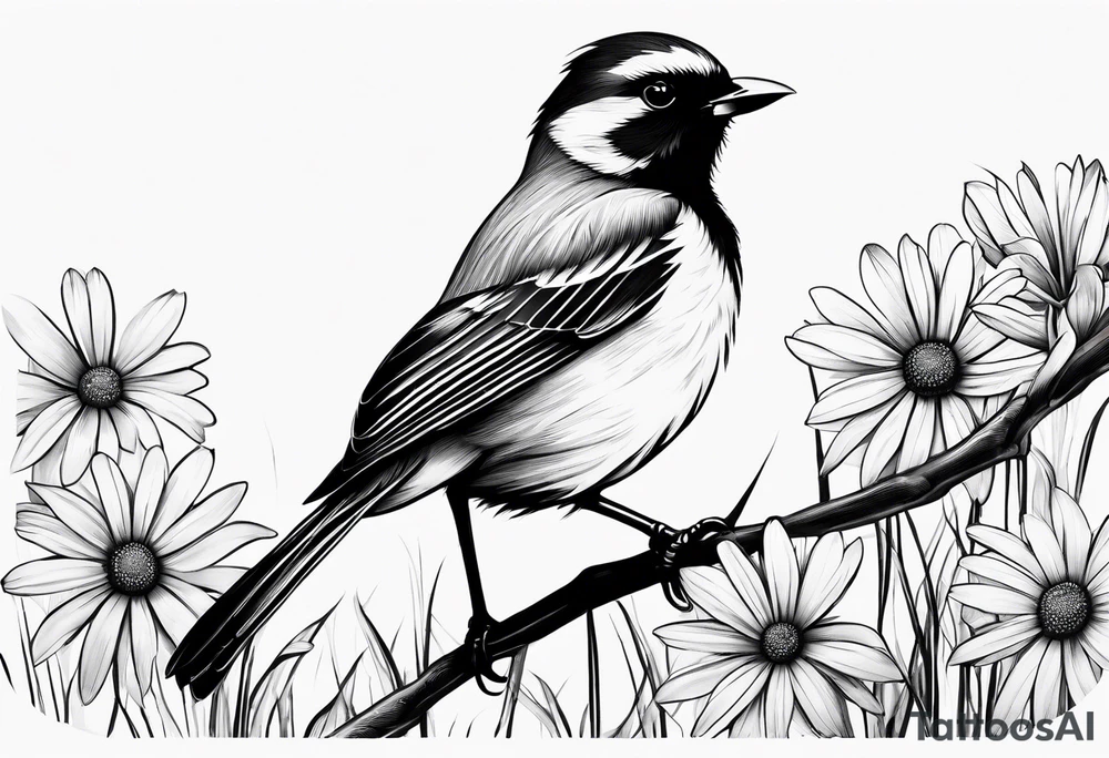 Small bird perched in grass with a daisy tattoo idea