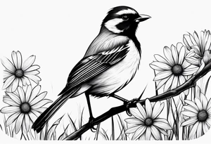 Small bird perched in grass with a daisy tattoo idea
