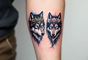 A pair of black wolves, one with a spiked crown and one with a floral tiara, eyes glowing icy blue. tattoo idea