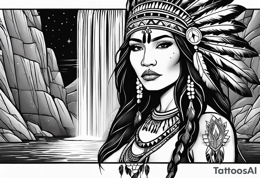 A native American Indian woman by a waterfall she is Aquarius water barrer she has tattoos and her eyes can see right through you tattoo idea