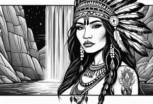 A native American Indian woman by a waterfall she is Aquarius water barrer she has tattoos and her eyes can see right through you tattoo idea