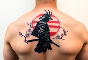 noble samurai warrior silhouette at sunset with cherry blossoms tattoo idea