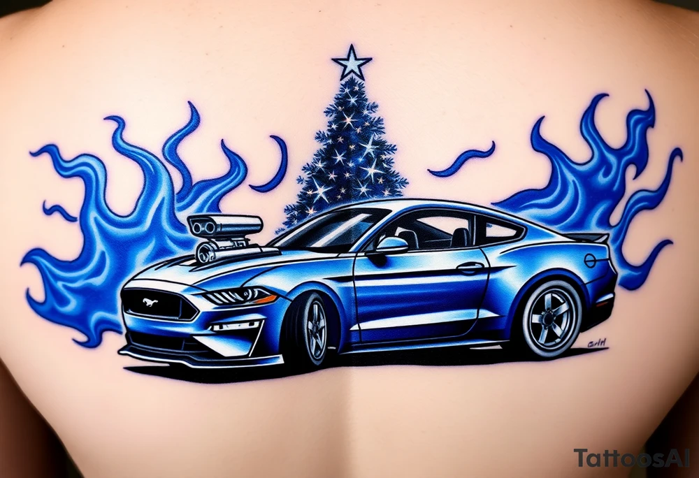 Blue flames, drag racing christmas tree, garrett turbo, nitrous purge, procharger, procomp ultra-lite at 8200rpm, ford racing, ford performance, fox body mustang with 17 in wheels, ford blue tattoo idea