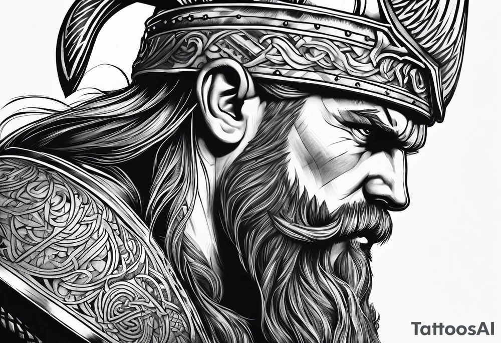 Viking head at angle looking down tattoo idea