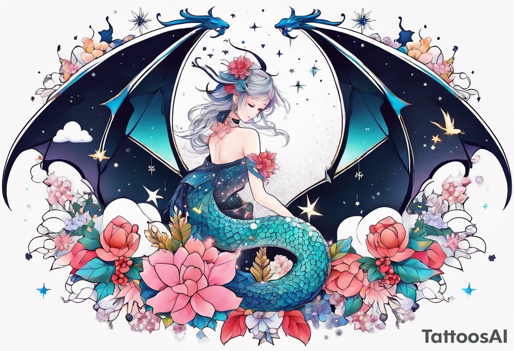 Constellation, wing , snow , cross , dragon female japan kawaii , flower tattoo idea