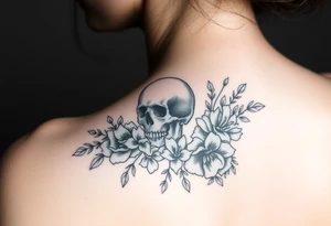 skull slightly facing left, surrounded by floral ornaments tattoo idea