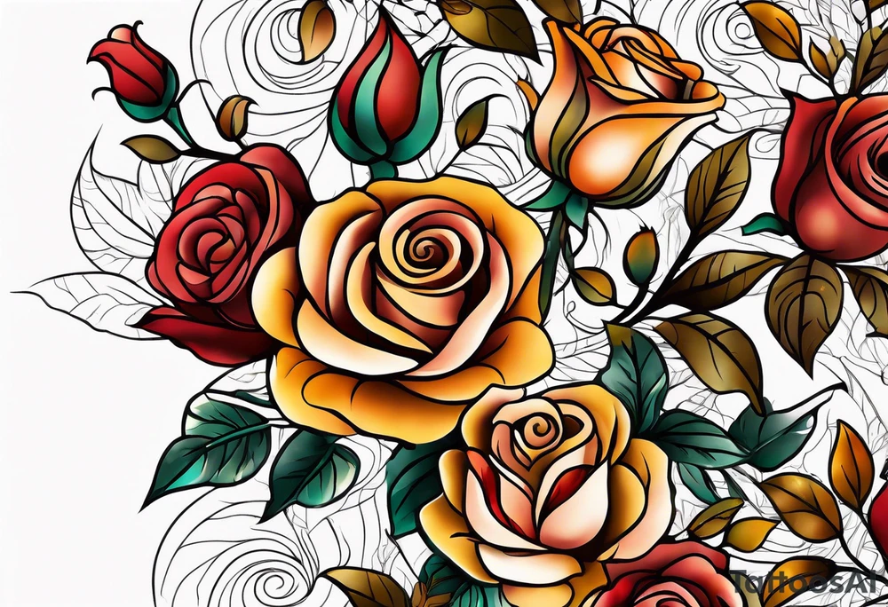sleeve tattoo in fall colors with roses background swirls, leaves tattoo idea
