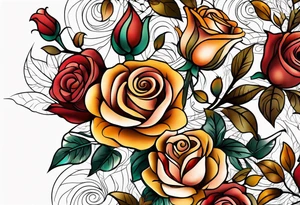sleeve tattoo in fall colors with roses background swirls, leaves tattoo idea