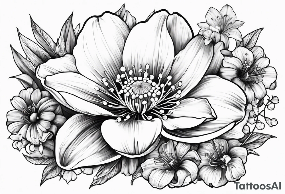 Daisy, Lilly of the valley, poppy, lily compass tattoo idea