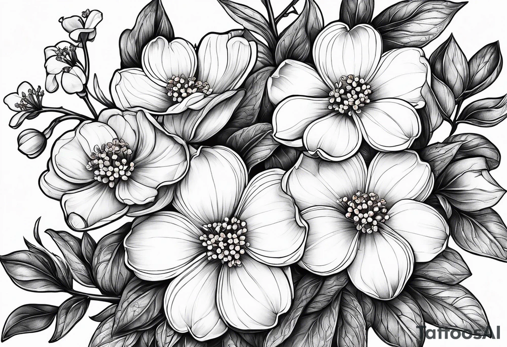 Forget me not flowers, flowering dogwood flowers, wanglo flowers and orange blossom flowers tattoo idea