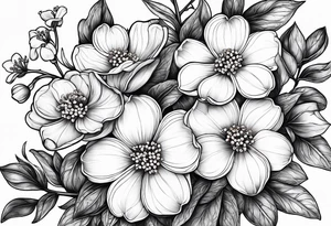 Forget me not flowers, flowering dogwood flowers, wanglo flowers and orange blossom flowers tattoo idea