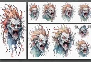 a pale creature walking upright with messy hair, white eyes, screaming tattoo idea